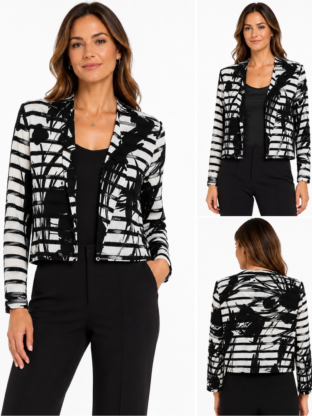 Jessica Howard Black and White Striped Floral Open-Front Cardigan Size 12